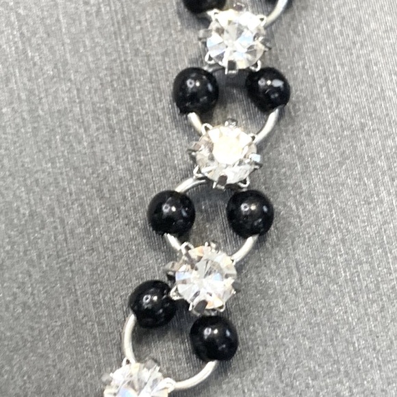Rhinestone Crystal Black Bead Bracelet 8” Silver Tone - Picture 1 of 10